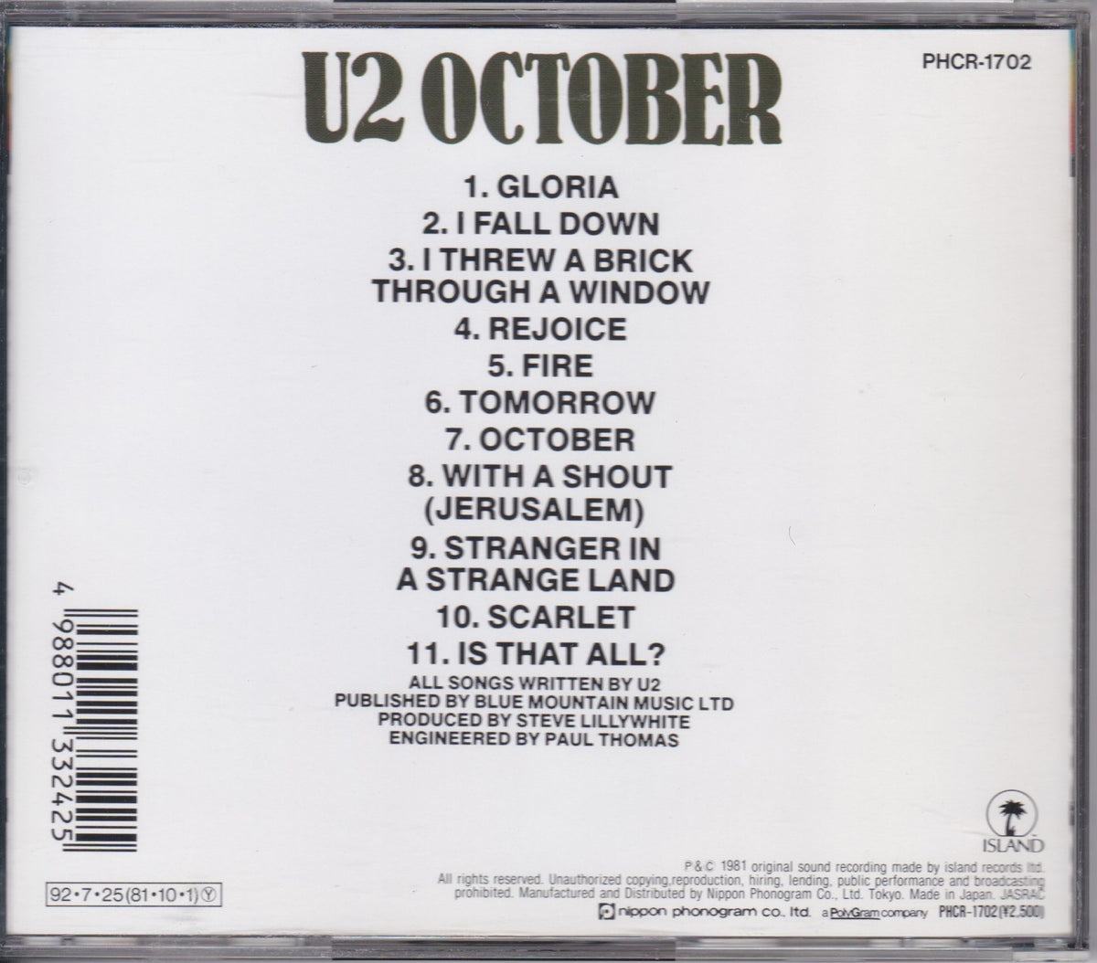 U2 ‎– October – Surface Records